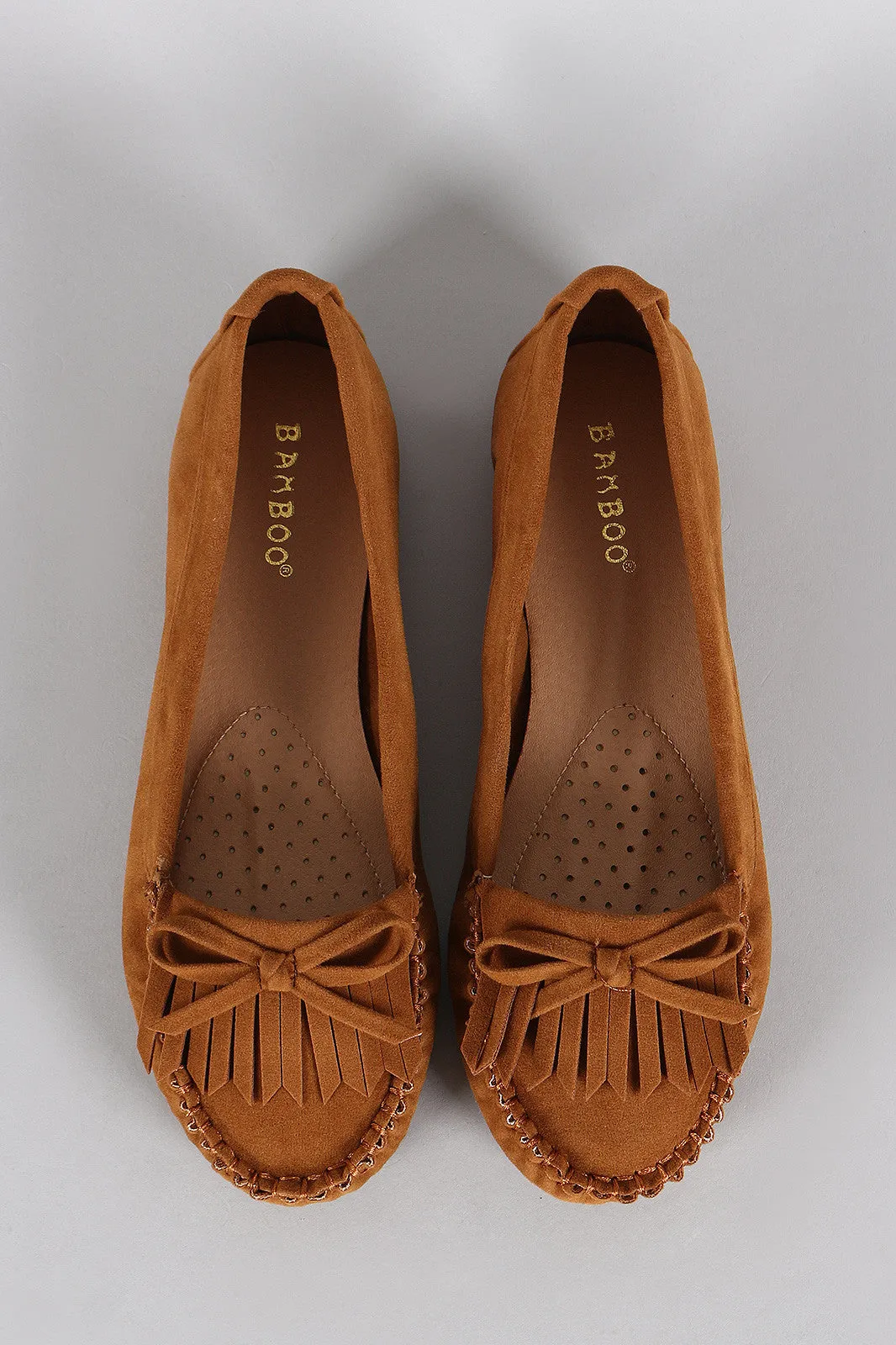 Bamboo Suede Bow Fringe Slip On Moccasin Flat