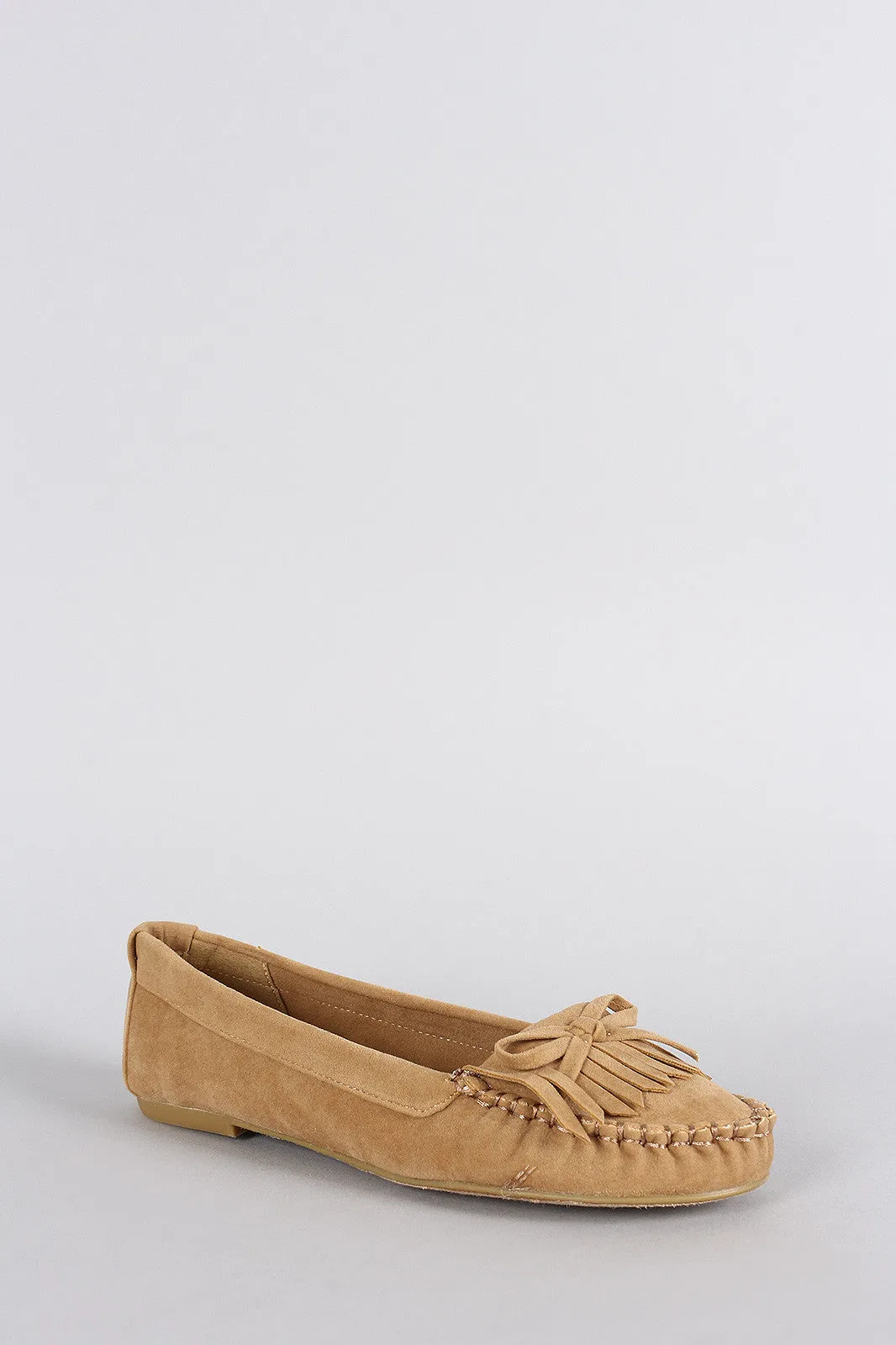 Bamboo Suede Bow Fringe Slip On Moccasin Flat