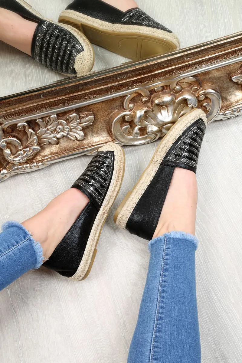 Black Diamante Embellished Espadrilles - Mazie