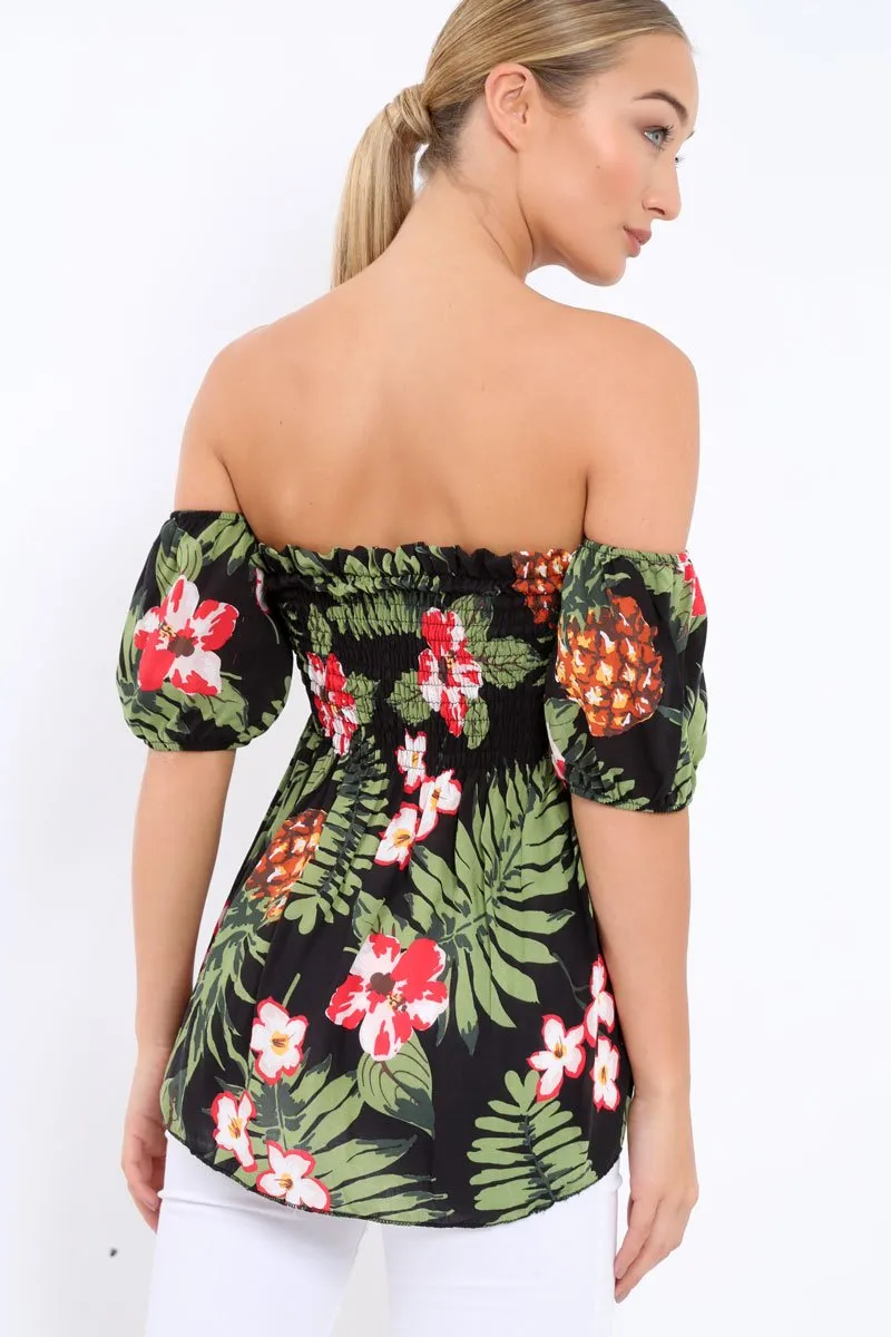 Black Floral Bardot Top with Shirred Bust - Dorris