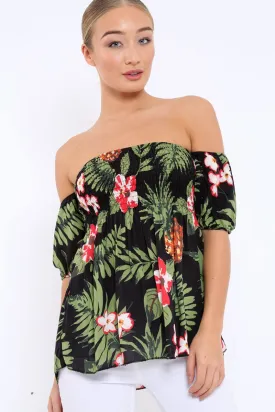 Black Floral Bardot Top with Shirred Bust - Dorris
