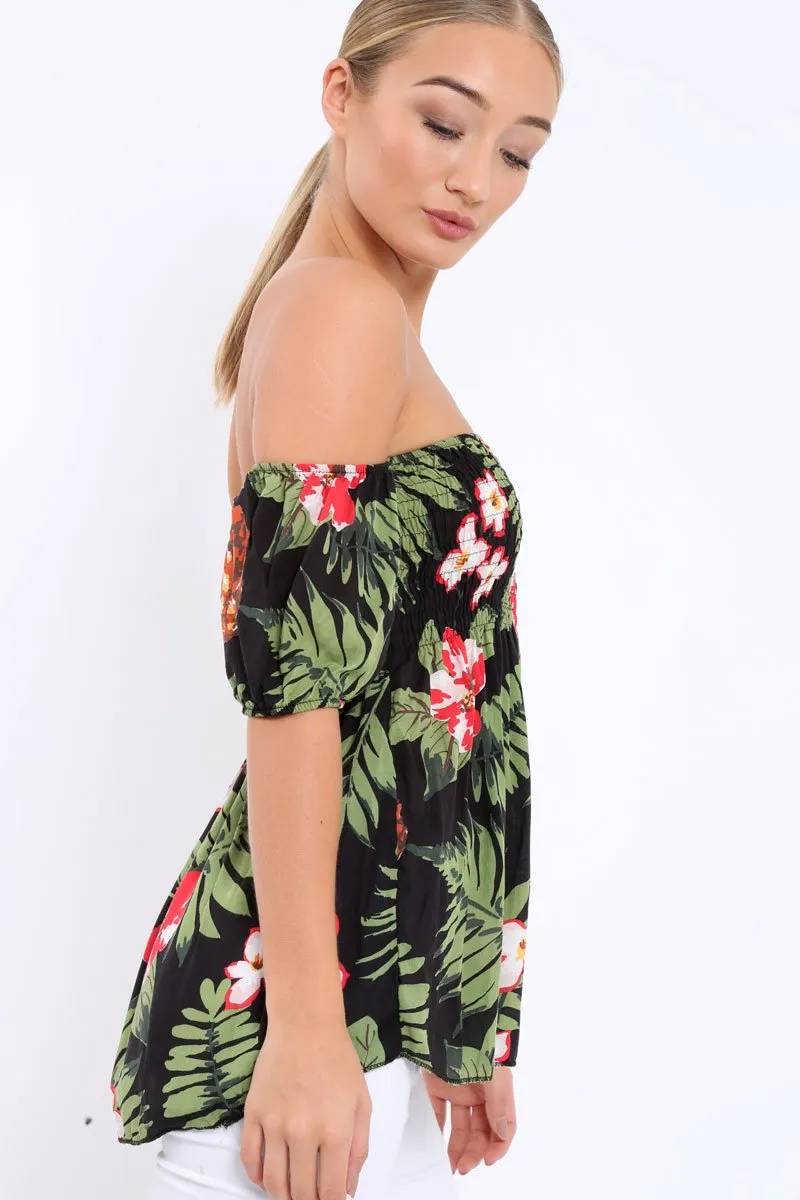 Black Floral Bardot Top with Shirred Bust - Dorris