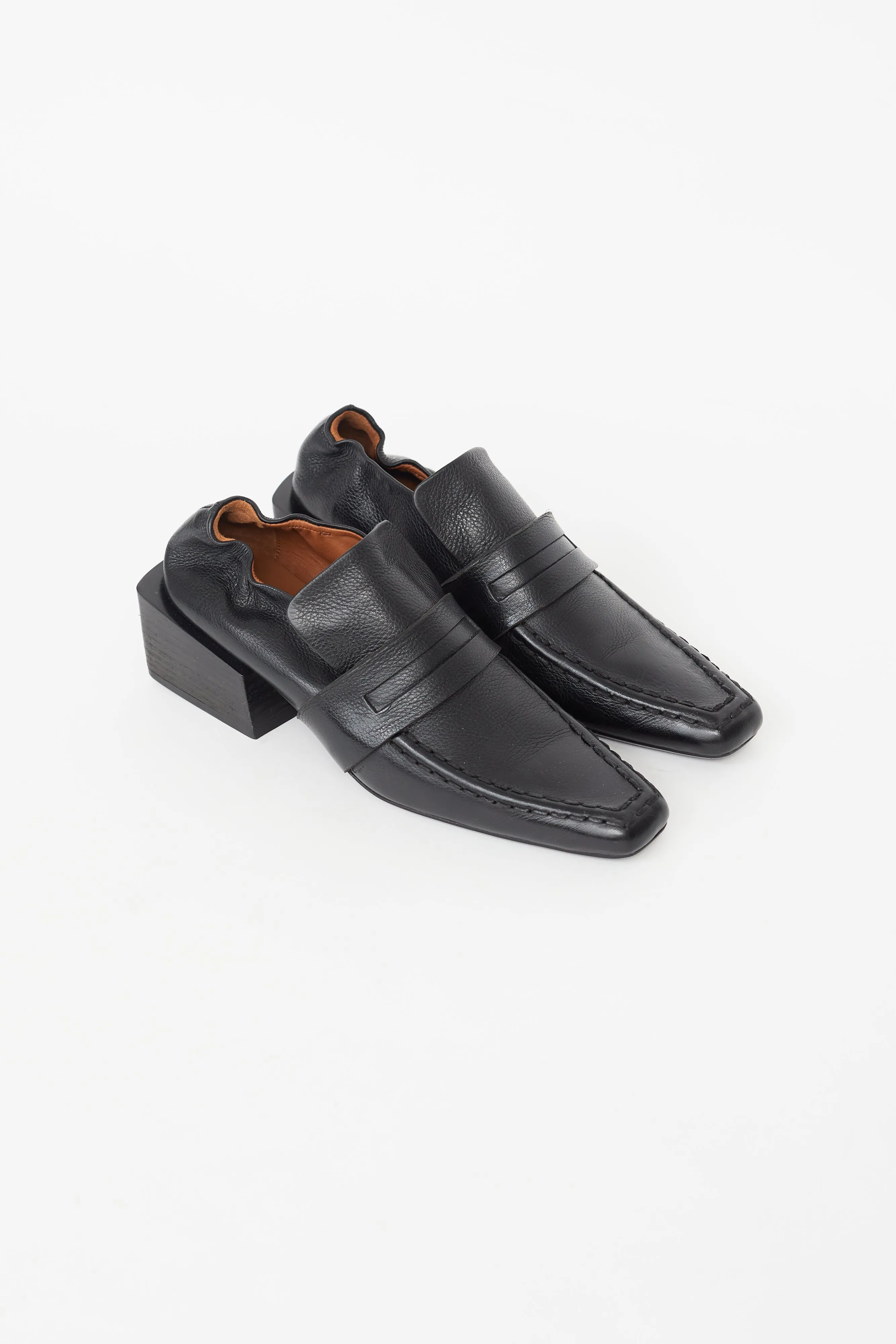 Black Leather Block Heel Loafer