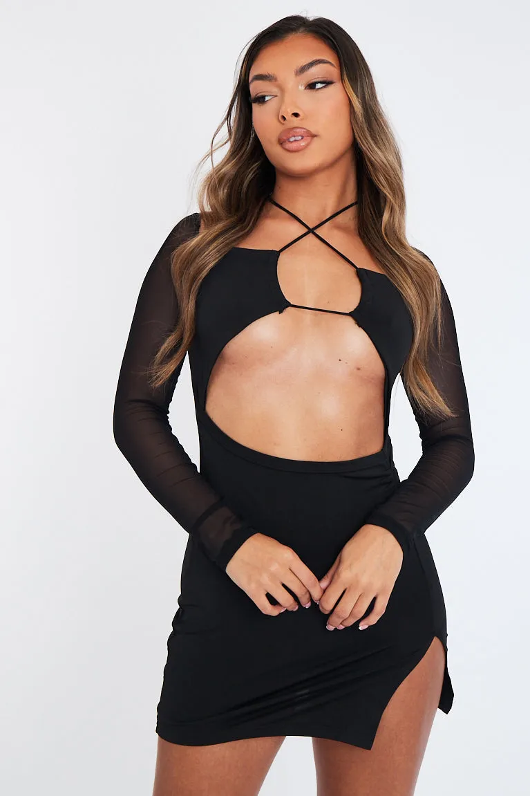 Black Mesh Sleeves Cut Out Front Slinky Mini Dress - Penny