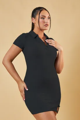 Black Rib Knit Button Up Front Slit Mini Dress - Carlene