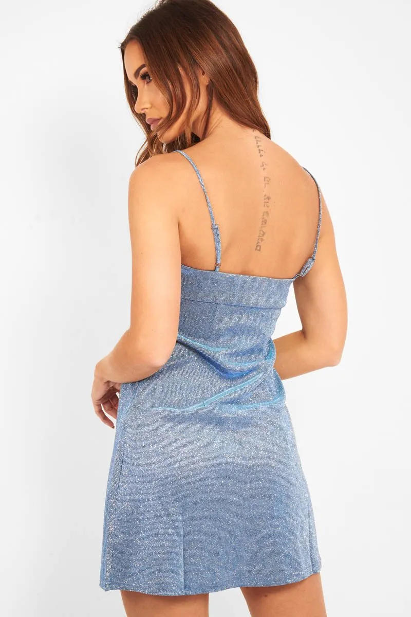 Blue Glitter Straight Neck Mini Dress - Alanis