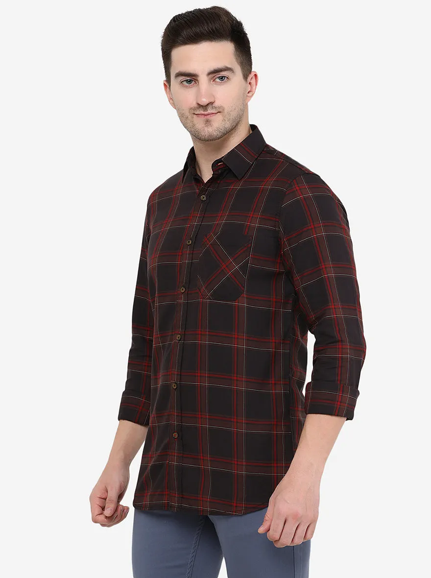 Coffee Brown & Blue Checked Slim Fit Semi Casual Shirt | JadeBlue