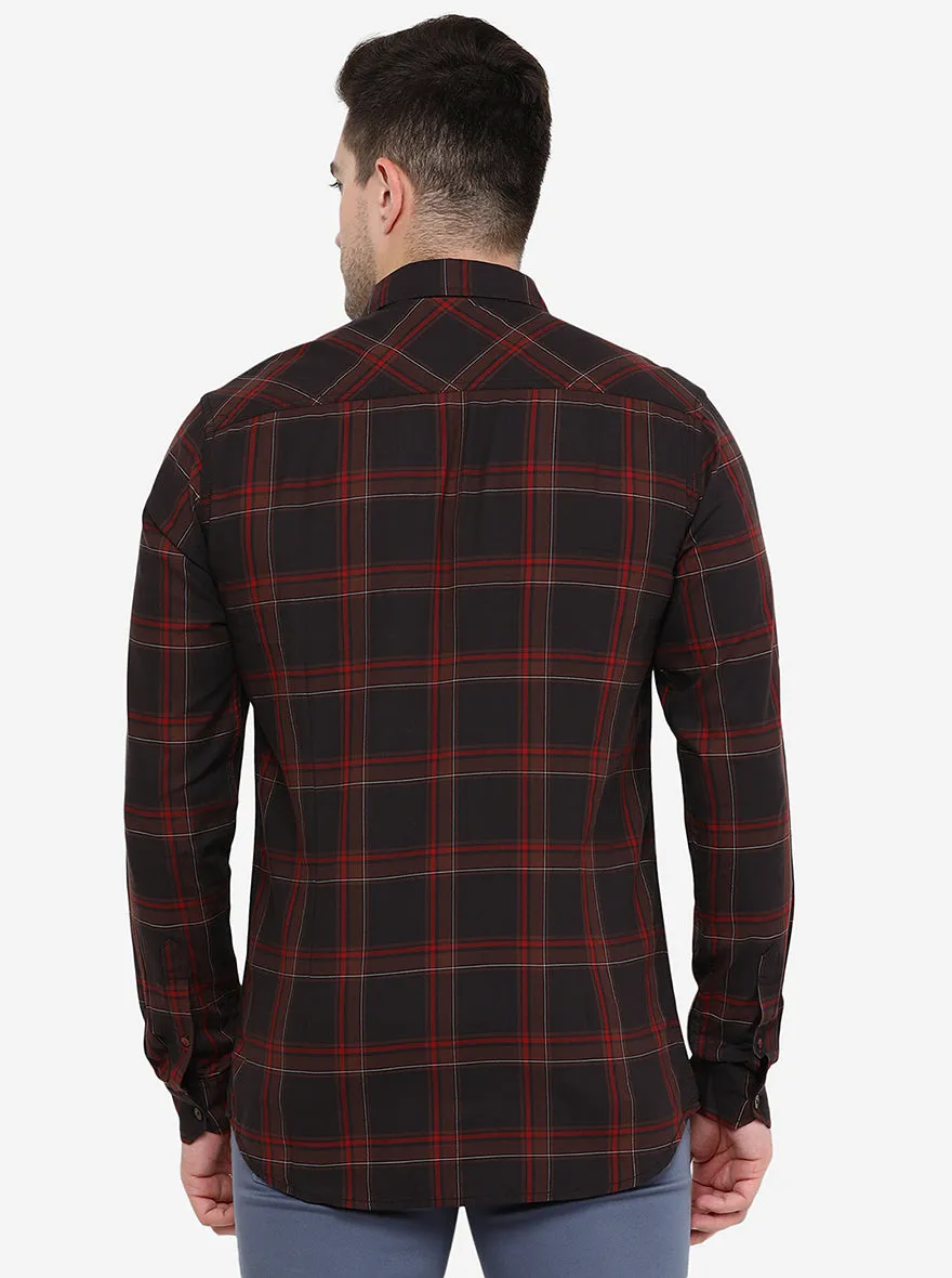 Coffee Brown & Blue Checked Slim Fit Semi Casual Shirt | JadeBlue
