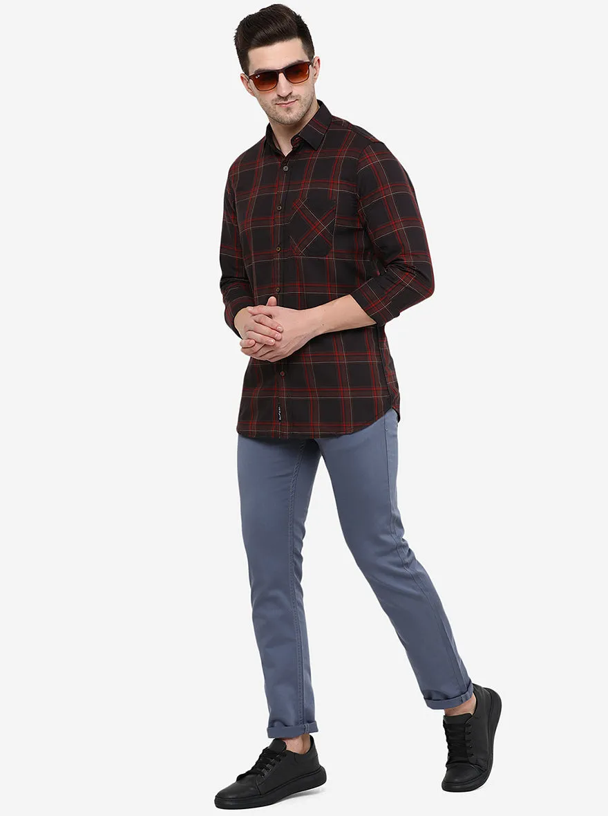 Coffee Brown & Blue Checked Slim Fit Semi Casual Shirt | JadeBlue