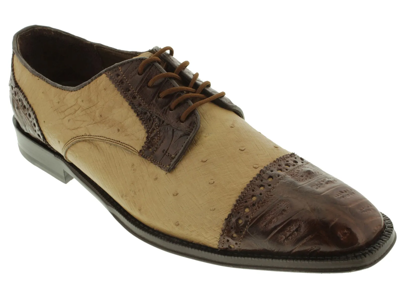Mens Sand Brown Crocodile Ostrich Skin Exotic Derby Dress Shoes - Dolce Pelle
