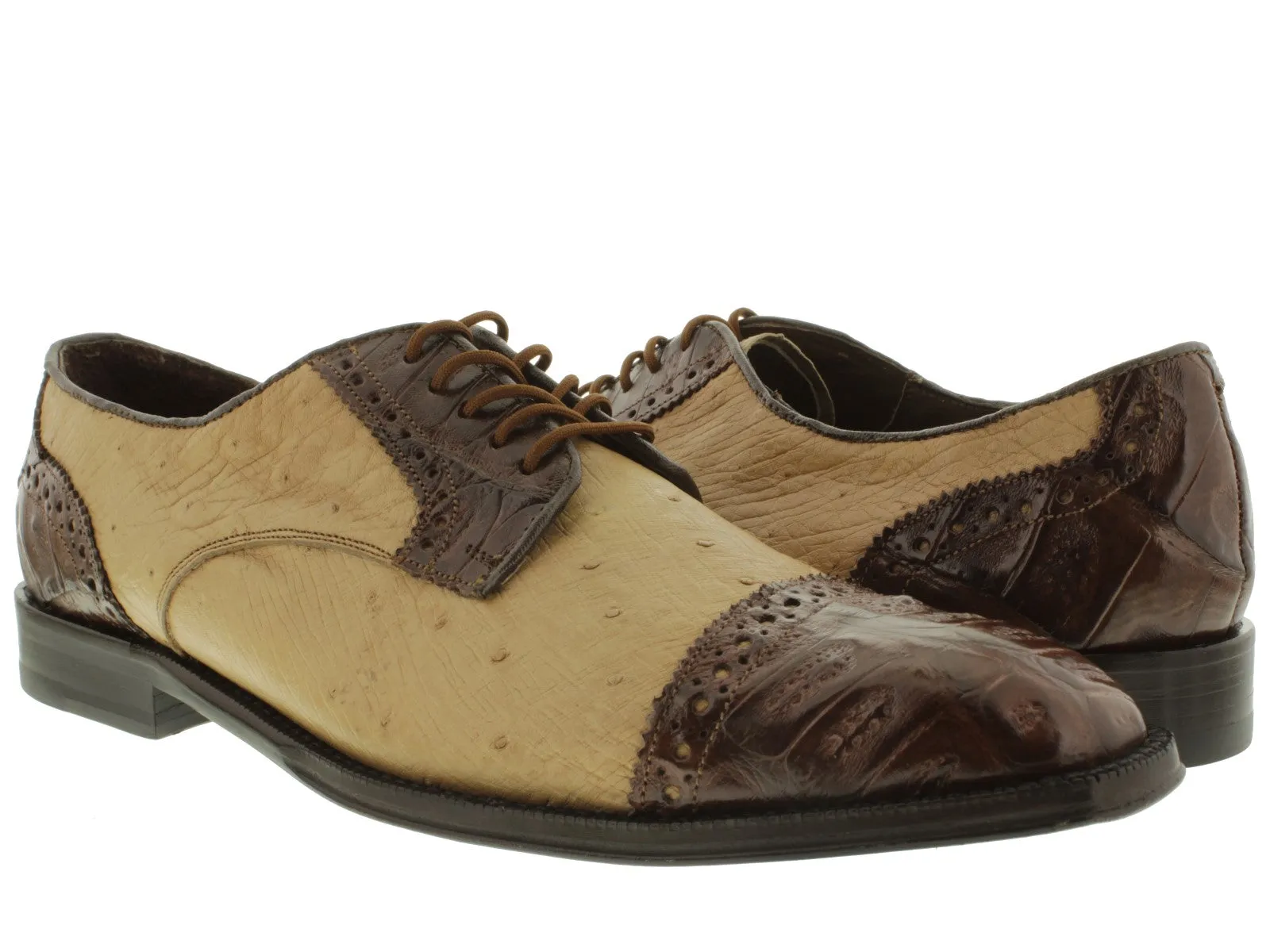 Mens Sand Brown Crocodile Ostrich Skin Exotic Derby Dress Shoes - Dolce Pelle