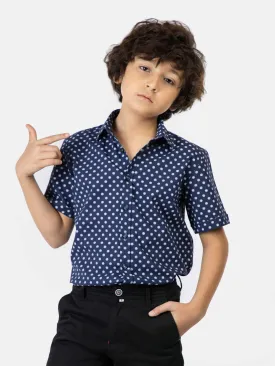 Navy Blue Printed Seersucked Short Sleeve Casual Shirt