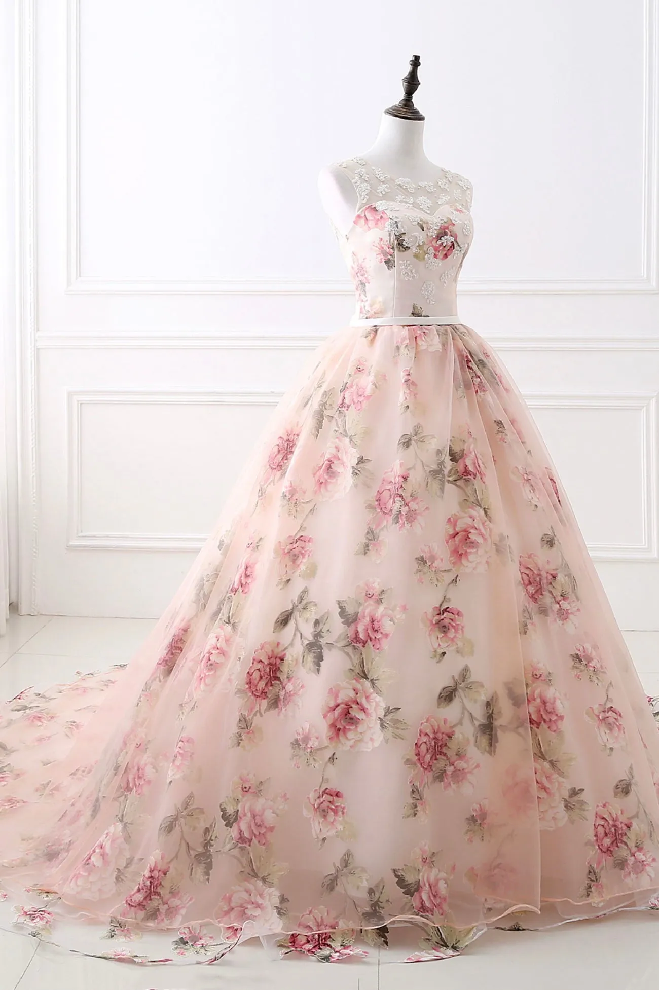 Pink Floral Pattern Lace Long Prom Dress A-Line Formal Dress