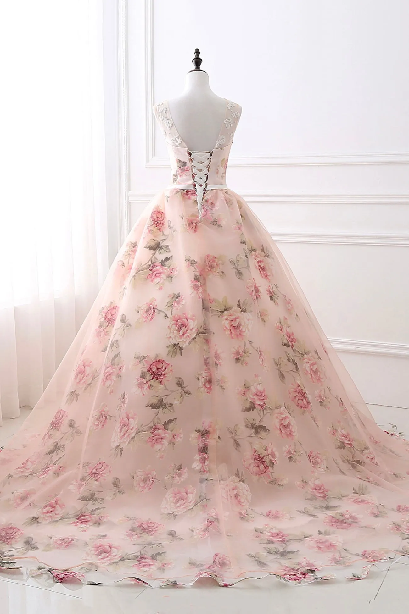 Pink Floral Pattern Lace Long Prom Dress A-Line Formal Dress