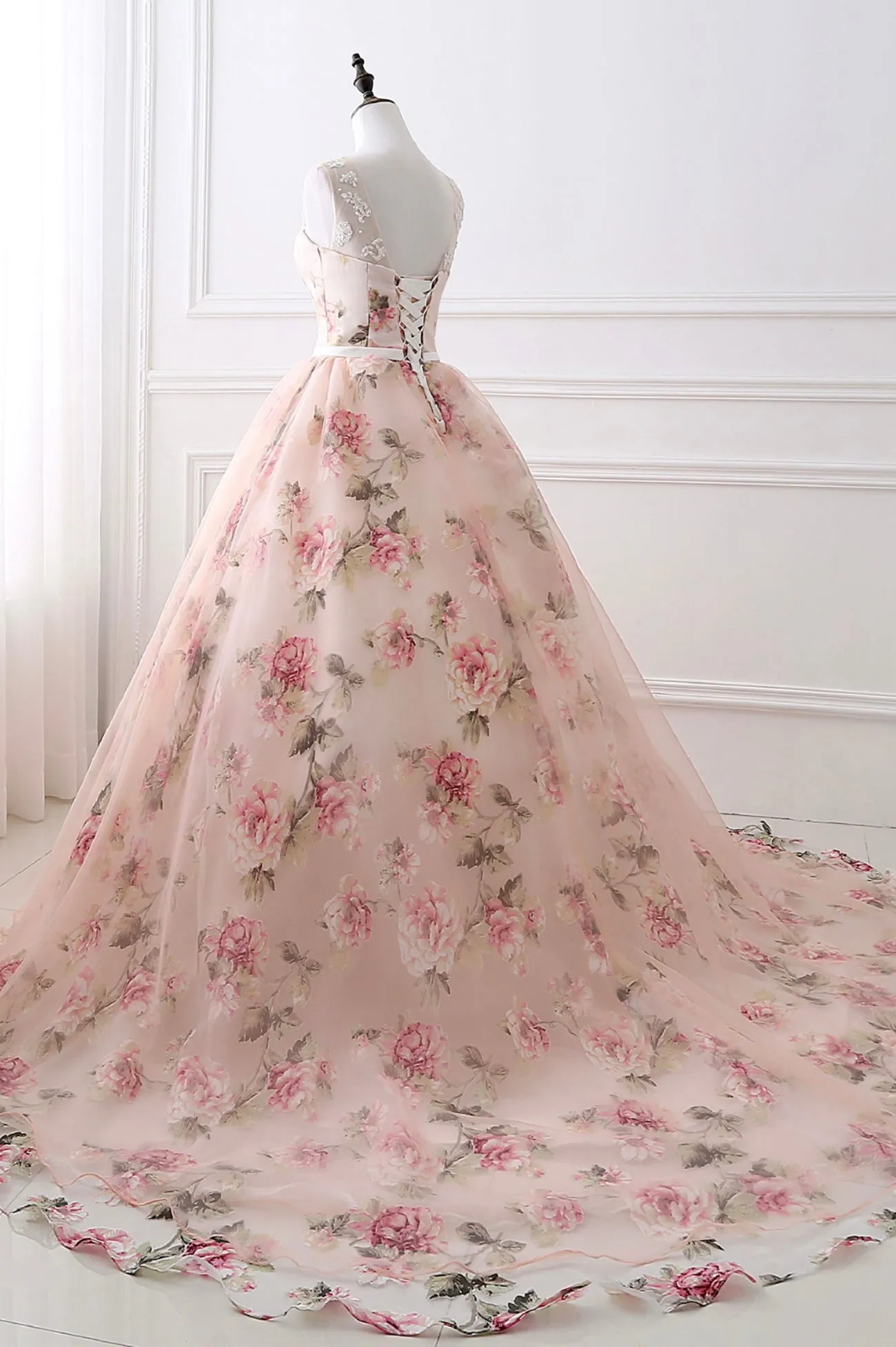 Pink Floral Pattern Lace Long Prom Dress A-Line Formal Dress