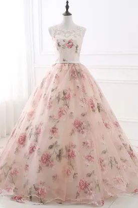 Pink Floral Pattern Lace Long Prom Dress A-Line Formal Dress