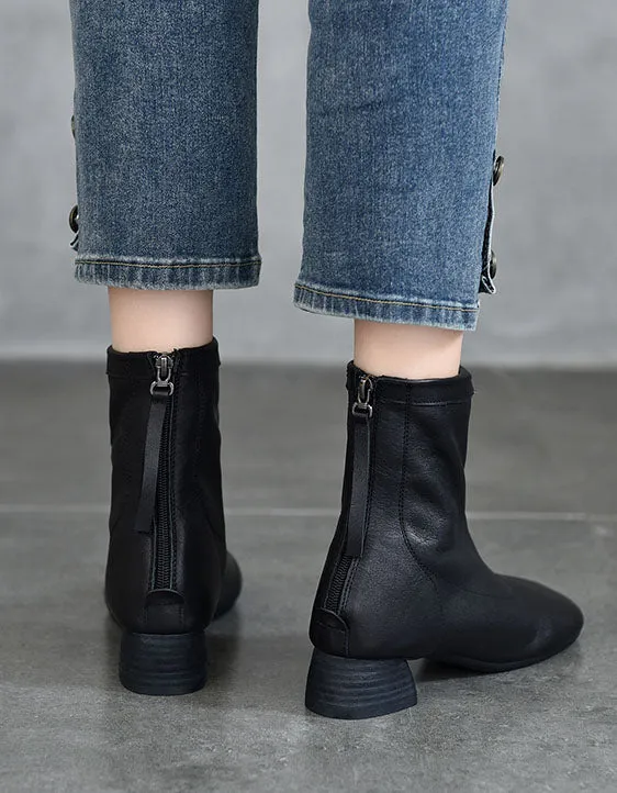 Real Leather Back Zipper Chunky Heel Chelsea Boots