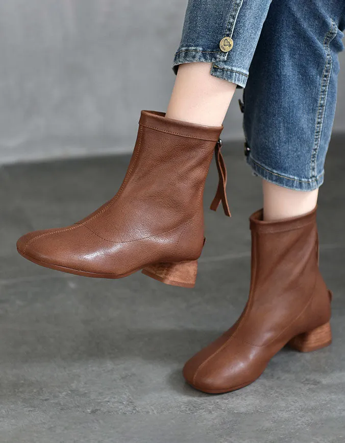 Real Leather Back Zipper Chunky Heel Chelsea Boots