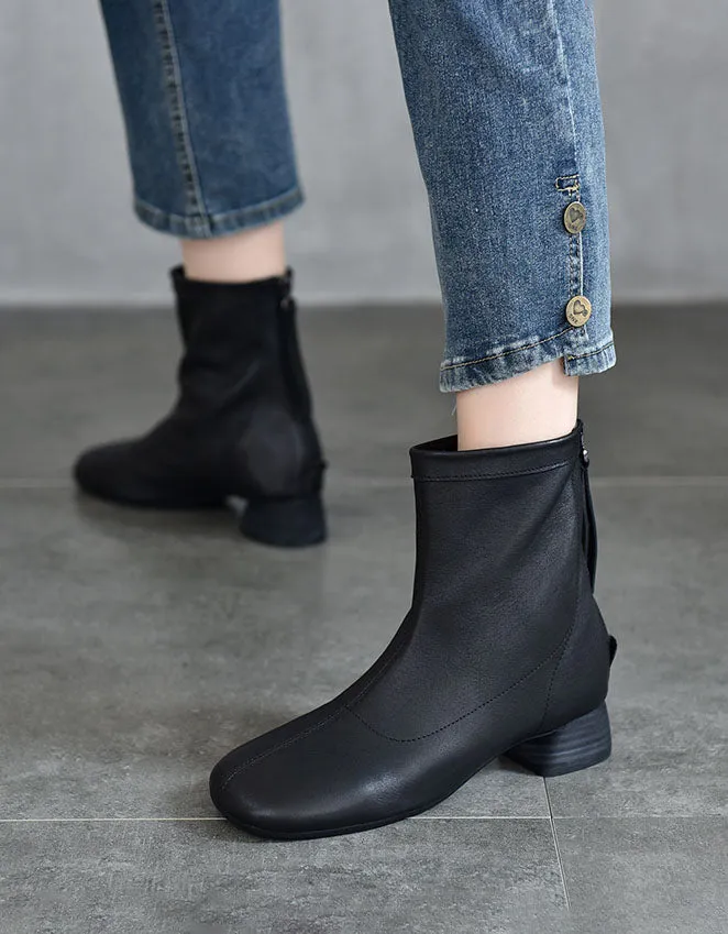 Real Leather Back Zipper Chunky Heel Chelsea Boots