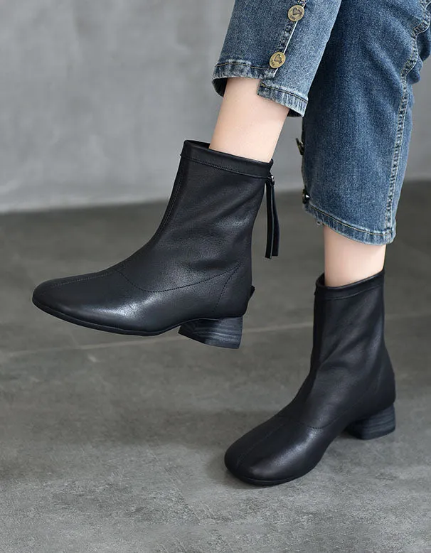 Real Leather Back Zipper Chunky Heel Chelsea Boots