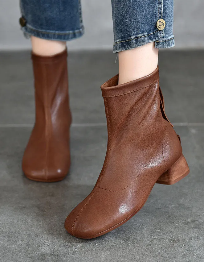 Real Leather Back Zipper Chunky Heel Chelsea Boots