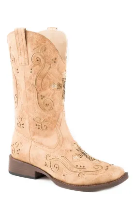 Roper Faith Womens Tan Faux Leather Inlay Crosses Cowboy Boots
