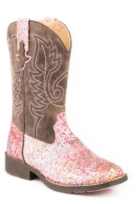 Roper Little Kids Girls Pink Faux Leather Glitter Aztec Cowboy Boots