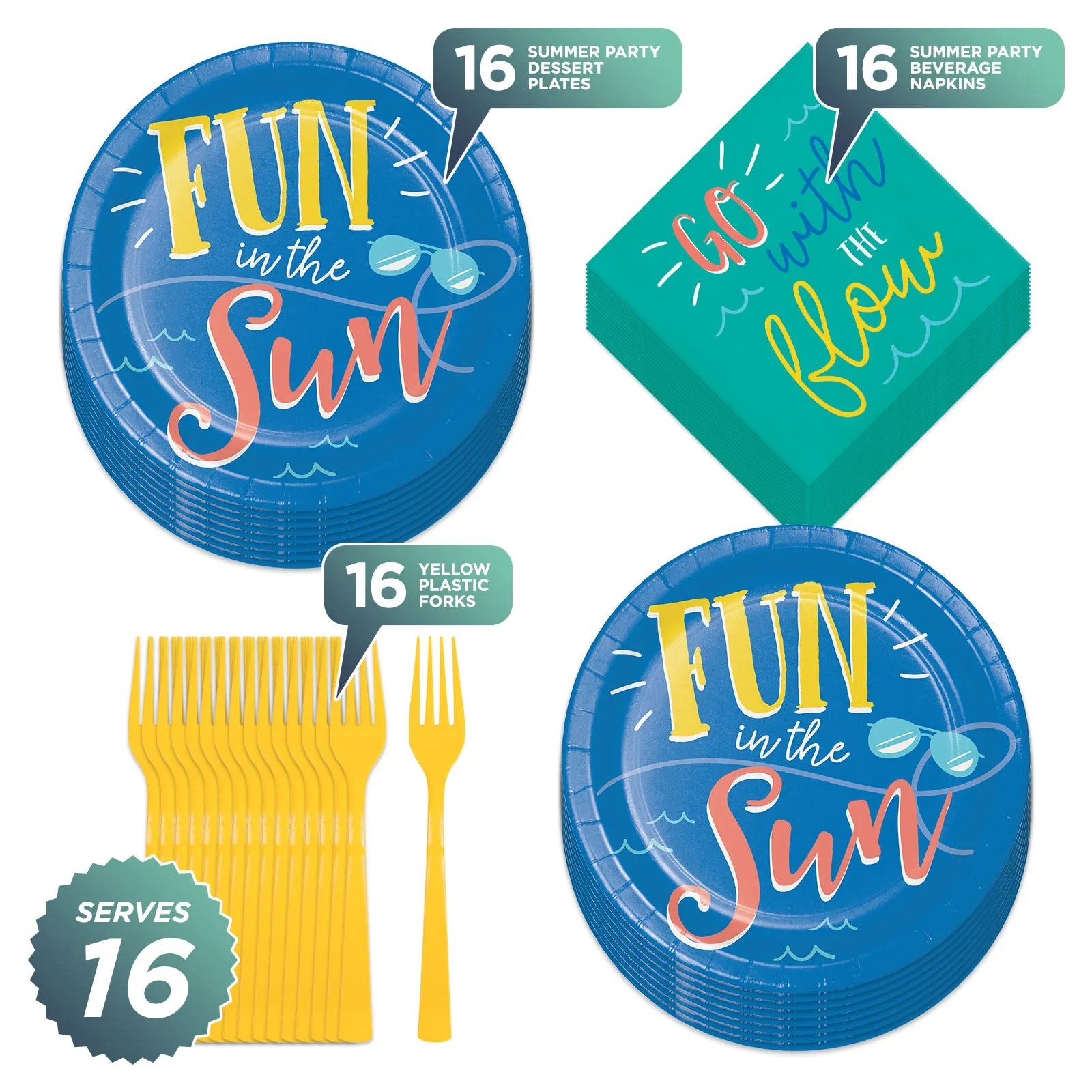 Summer Party Fun Sayings Paper Dessert Plates, Napkins, and Forks (Serves 16)