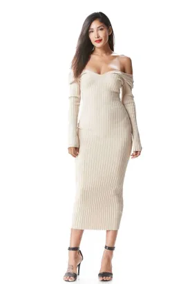 THE MYSTYLEMODE TAUPE KNIT RIBBED OFF THE SHOULDER MIDI DRESS