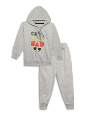 Vimal Jonney Grey Melange Printed Hooded Cotton Fleece Tracksuit Co-ord Set for Kids