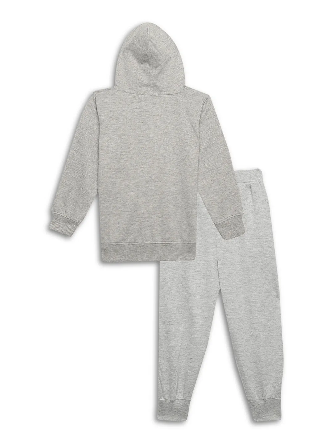 Vimal Jonney Grey Melange Printed Hooded Cotton Fleece Tracksuit Co-ord Set for Kids