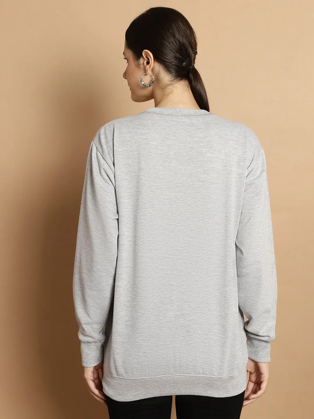 Vimal Jonney Grey Melange Printed Round Neck Cotton Fleece Sweatshirt for Women