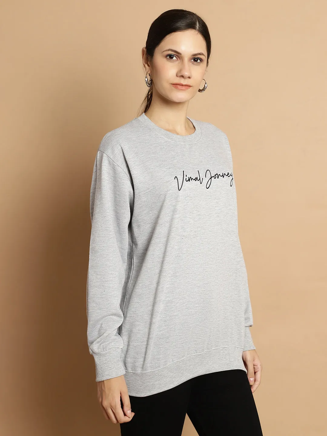 Vimal Jonney Grey Melange Printed Round Neck Cotton Fleece Sweatshirt for Women