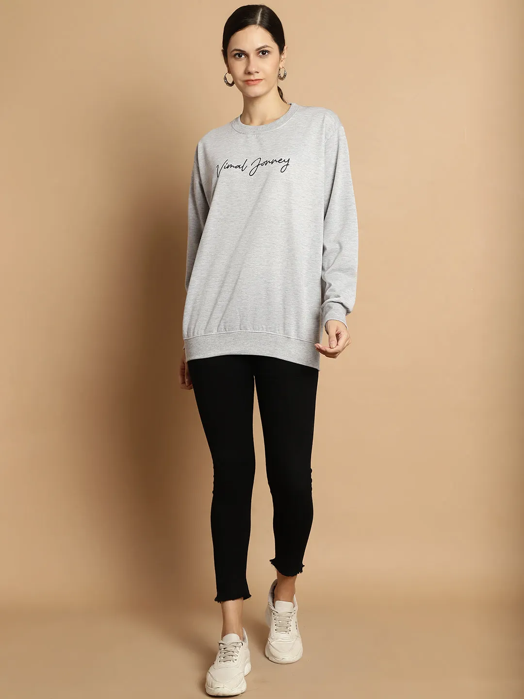 Vimal Jonney Grey Melange Printed Round Neck Cotton Fleece Sweatshirt for Women