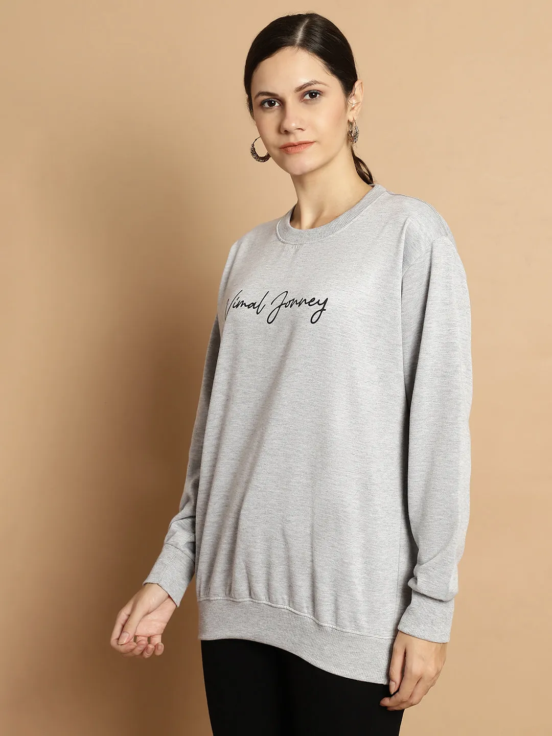 Vimal Jonney Grey Melange Printed Round Neck Cotton Fleece Sweatshirt for Women