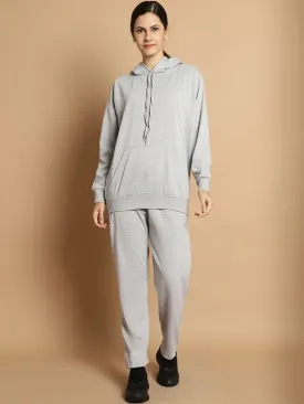 Vimal Jonney Grey Melange Solid Hooded Cotton Fleece Tracksuit for Women(Kangaroo Pockets)