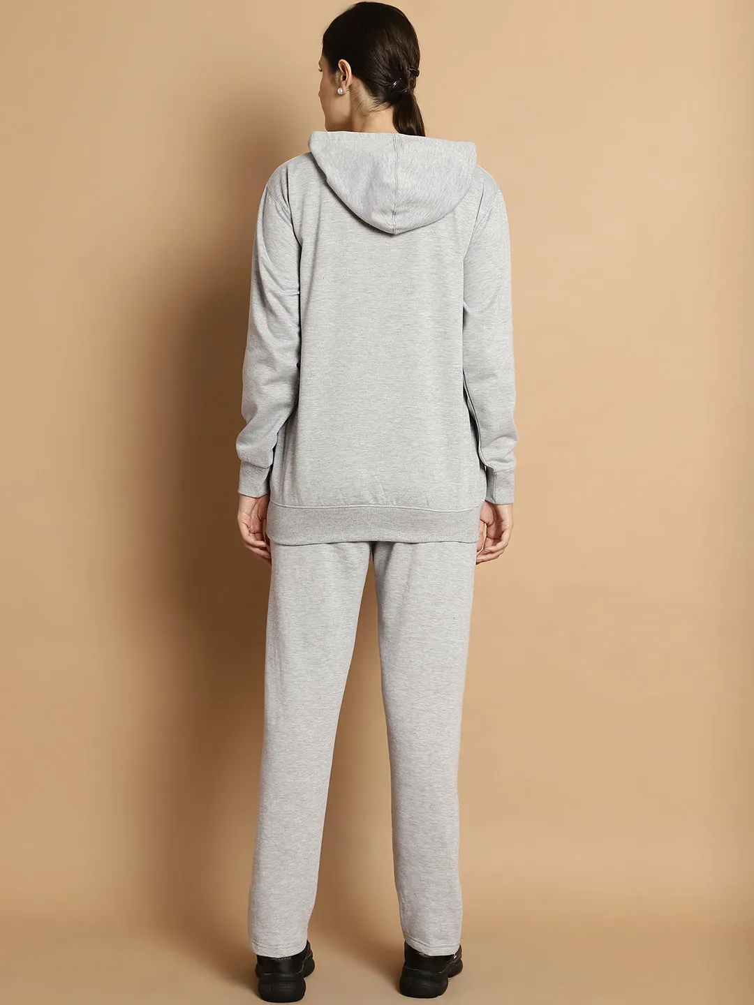 Vimal Jonney Grey Melange Solid Hooded Cotton Fleece Tracksuit for Women(Kangaroo Pockets)
