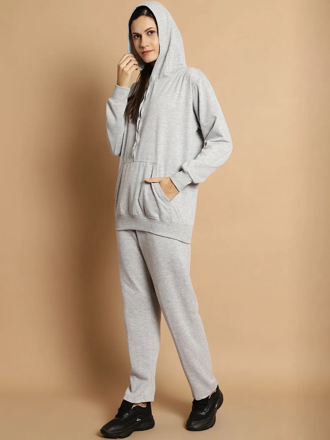 Vimal Jonney Grey Melange Solid Hooded Cotton Fleece Tracksuit for Women(Kangaroo Pockets)