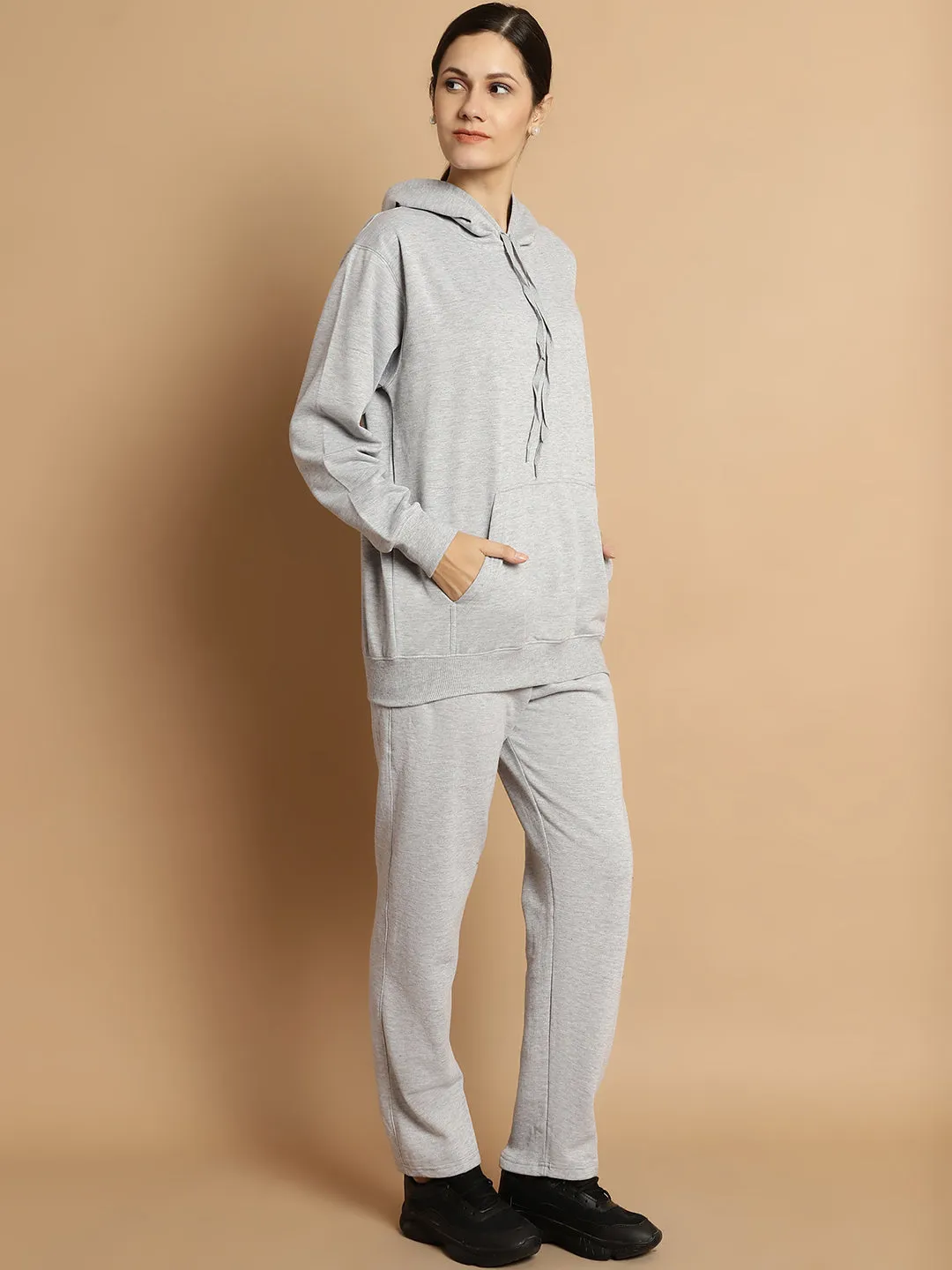 Vimal Jonney Grey Melange Solid Hooded Cotton Fleece Tracksuit for Women(Kangaroo Pockets)