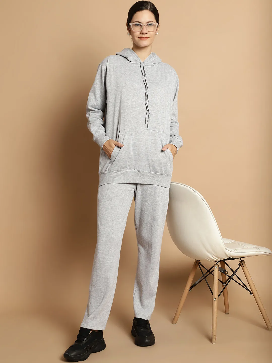 Vimal Jonney Grey Melange Solid Hooded Cotton Fleece Tracksuit for Women(Kangaroo Pockets)