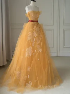 Yellow tulle lace long prom dress yellow tulle formal dress